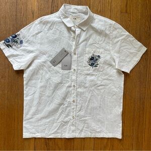 Folk White Casual Button Down Shirt with Blue Floral Embroidery
